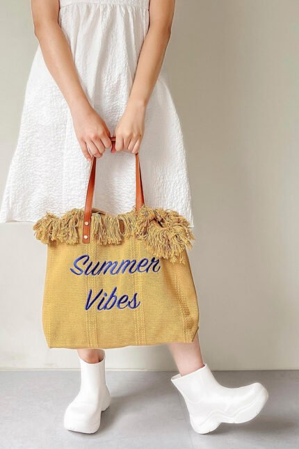 Lettering Raffia Shoulder Bag